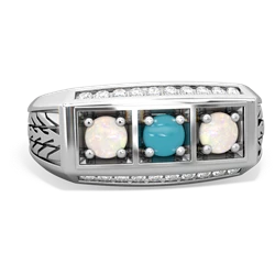 Turquoise Three Stone Tire Tread Men's 14K White Gold ring R0520