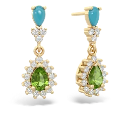 Turquoise Halo Pear Dangle 14K Yellow Gold earrings E1882