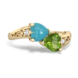 Turquoise Snuggling Hearts 14K Yellow Gold ring R2178