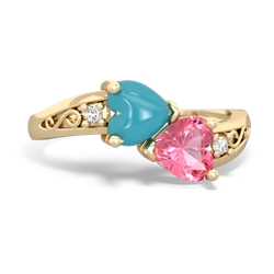 Turquoise Snuggling Hearts 14K Yellow Gold ring R2178