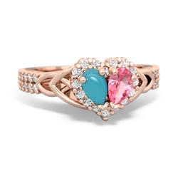 Turquoise Celtic Knot Two Hearts As One 14K Rose Gold ring R2644HRT