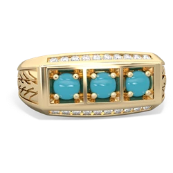 Turquoise Three Stone Tire Tread Men's 14K Yellow Gold ring R0520