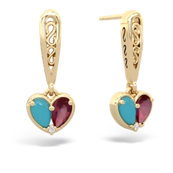 Turquoise Filligree Heart 14K Yellow Gold earrings E5070