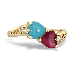 Turquoise Snuggling Hearts 14K Yellow Gold ring R2178