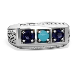 Turquoise Three Stone Tire Tread Men's 14K White Gold ring R0520