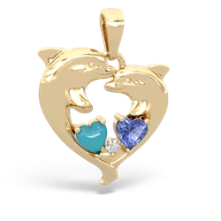 Turquoise Dolphin Heart 14K Yellow Gold pendant P5820