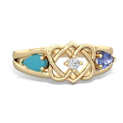 Turquoise Hearts Intertwined 14K Yellow Gold ring R5880
