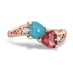 Turquoise Snuggling Hearts 14K Rose Gold ring R2178