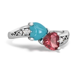 Turquoise Snuggling Hearts 14K White Gold ring R2178