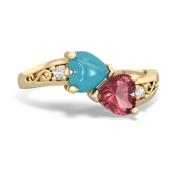 Turquoise Snuggling Hearts 14K Yellow Gold ring R2178