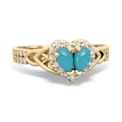 Turquoise Celtic Knot Two Hearts As One 14K Yellow Gold ring R2644HRT