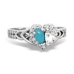 Turquoise Celtic Knot Two Hearts As One 14K White Gold ring R2644HRT