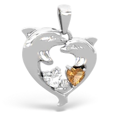 White Topaz Dolphin Heart 14K White Gold pendant P5820