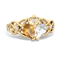 White Topaz 'One Heart' Celtic Knot Claddagh 14K Yellow Gold ring R5322