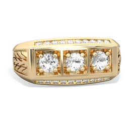 White Topaz Three Stone Tire Tread Men's 14K Yellow Gold ring R0520